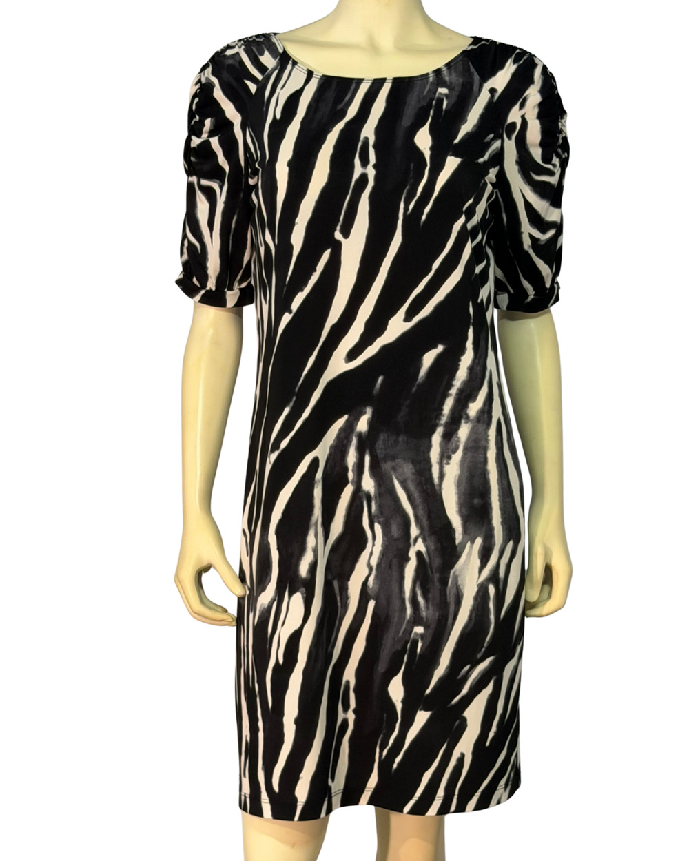 Chico's Sz 1 (M) Pullover Sheath Dress B&W Abstract Stripes Spandex Knit Office